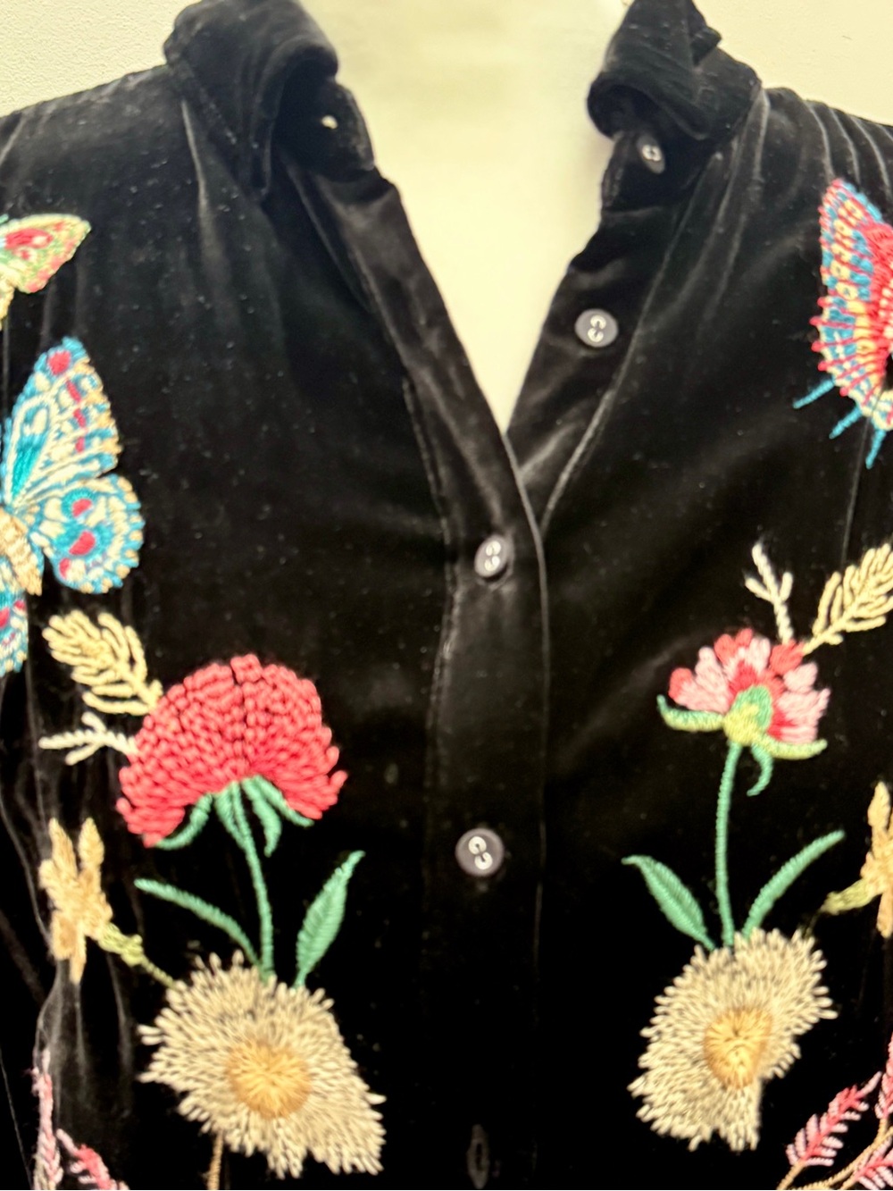 Johnny Was Black Velvet Top with Butterfly & Flower Embroidery - Picture 5 of 8